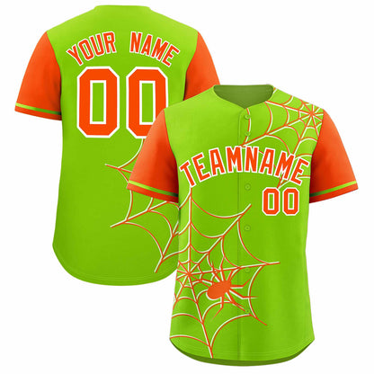 Custom Neon Green Orange Spider Web Pattern Raglan Sleeves Authentic Baseball Jersey