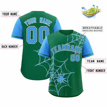 Custom Kelly Green Powder Blue Spider Web Pattern Raglan Sleeves Authentic Baseball Jersey