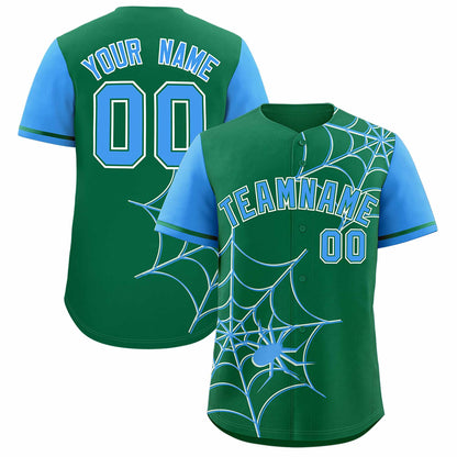 Custom Kelly Green Powder Blue Spider Web Pattern Raglan Sleeves Authentic Baseball Jersey