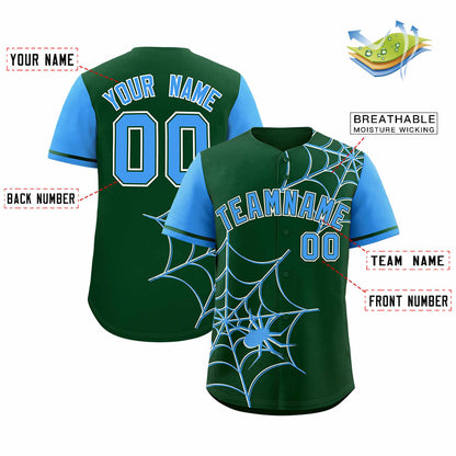 Custom Green Powder Blue Spider Web Pattern Raglan Sleeves Authentic Baseball Jersey