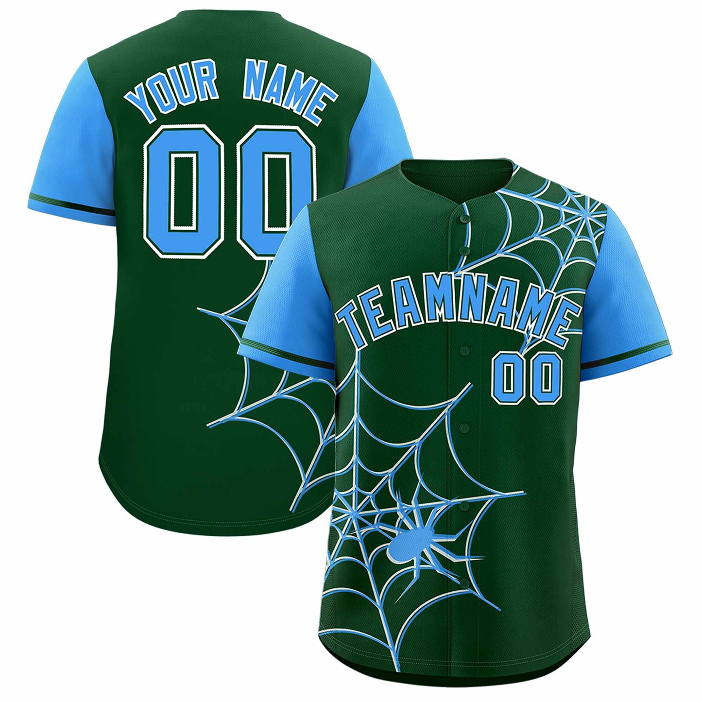 Custom Green Powder Blue Spider Web Pattern Raglan Sleeves Authentic Baseball Jersey