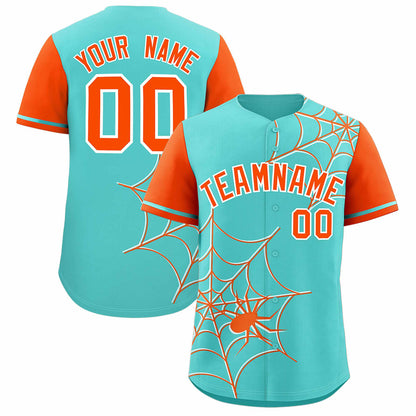 Custom Bright Green Orange Spider Web Pattern Raglan Sleeves Authentic Baseball Jersey