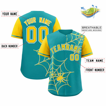 Custom Aqua Gold Spider Web Pattern Raglan Sleeves Authentic Baseball Jersey