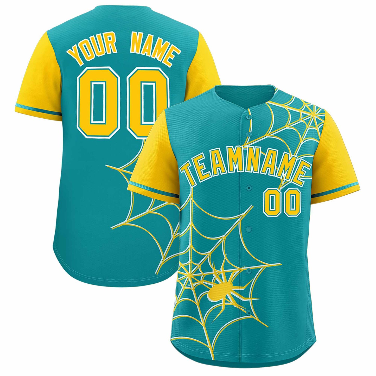 Custom Aqua Gold Spider Web Pattern Raglan Sleeves Authentic Baseball Jersey