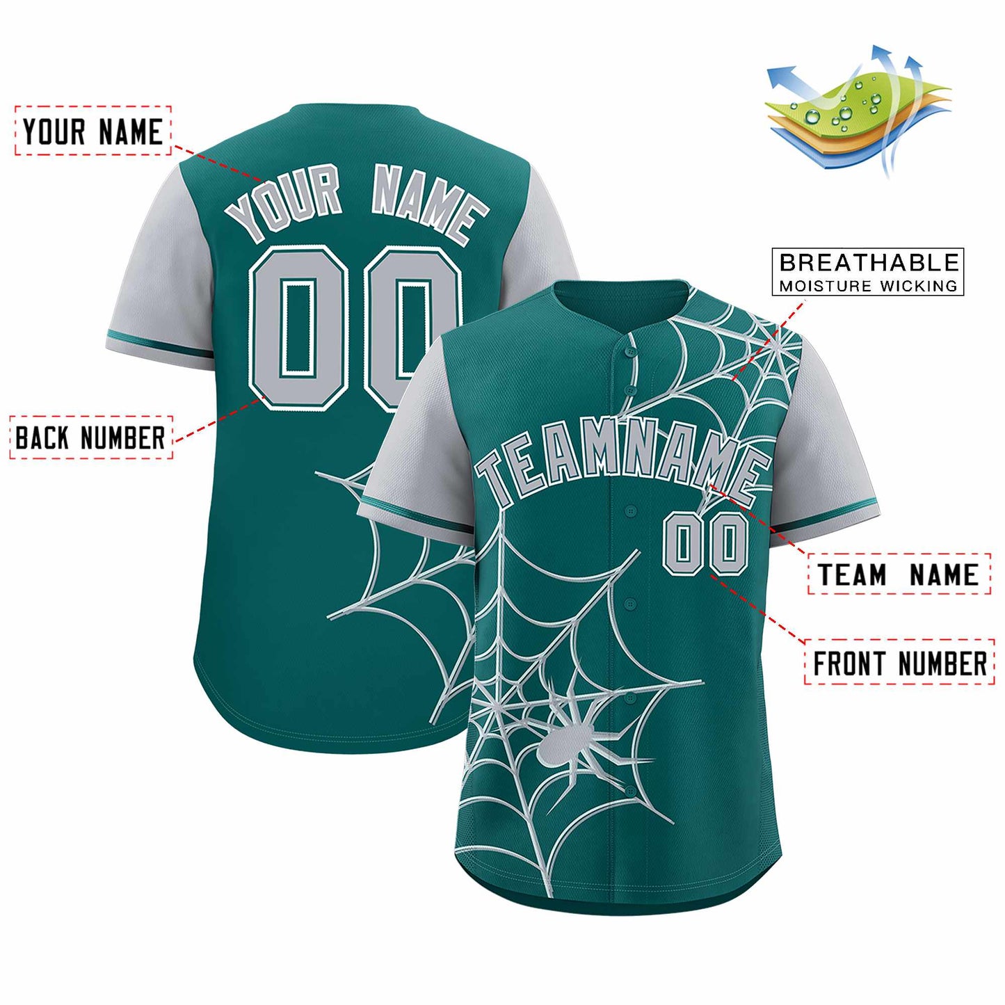 Custom Aqua Gray Spider Web Pattern Raglan Sleeves Authentic Baseball Jersey