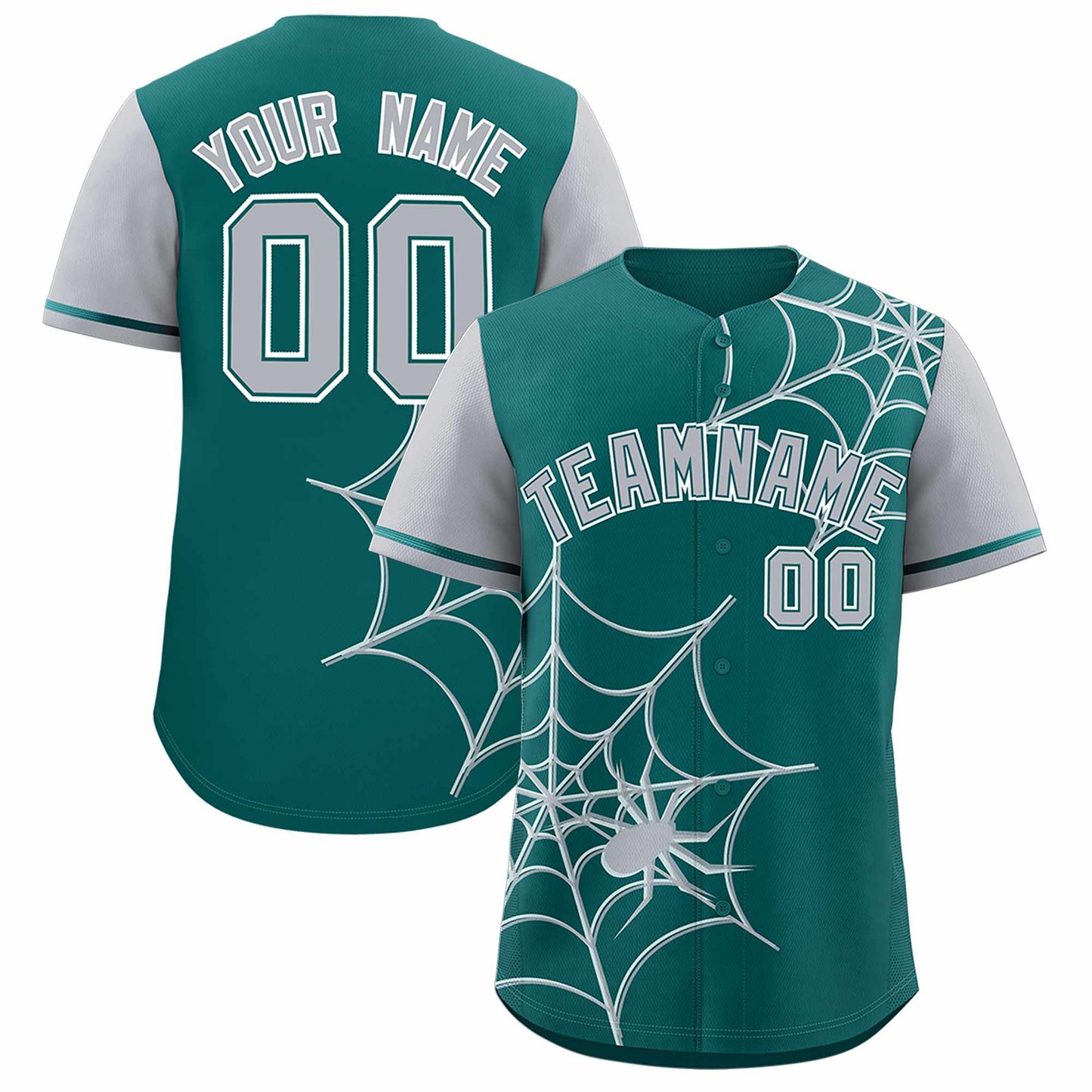 Custom Aqua Gray Spider Web Pattern Raglan Sleeves Authentic Baseball Jersey