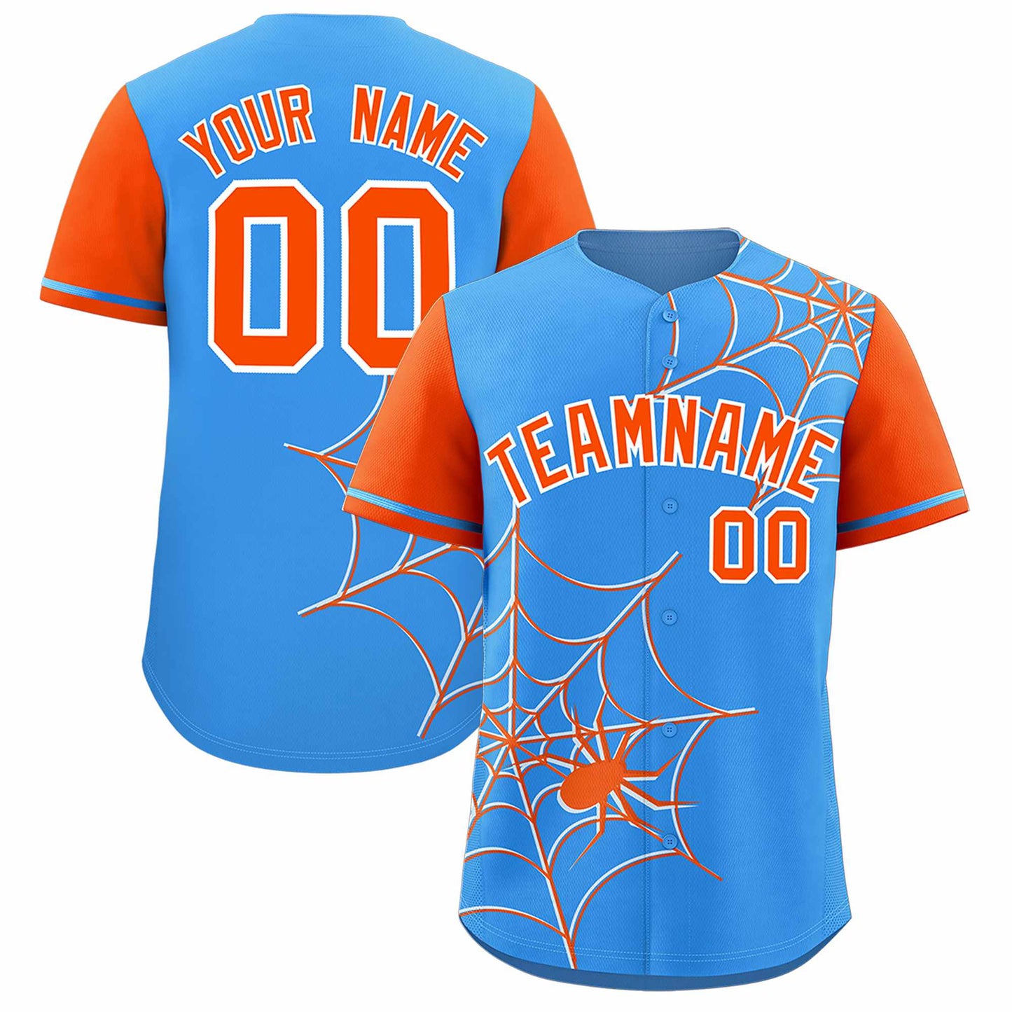 Custom Powder Blue Orange Spider Web Pattern Raglan Sleeves Authentic Baseball Jersey