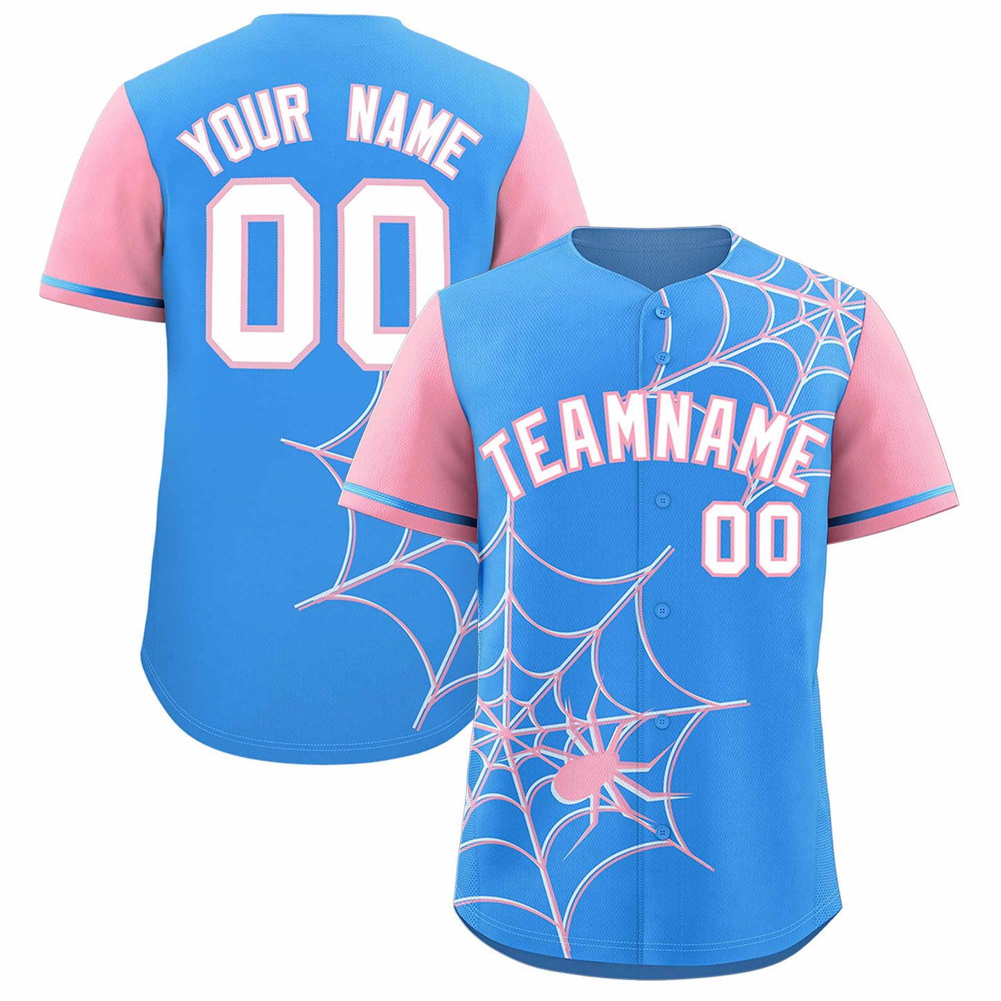 Custom Powder Blue Light Pink Spider Web Pattern Raglan Sleeves Authentic Baseball Jersey