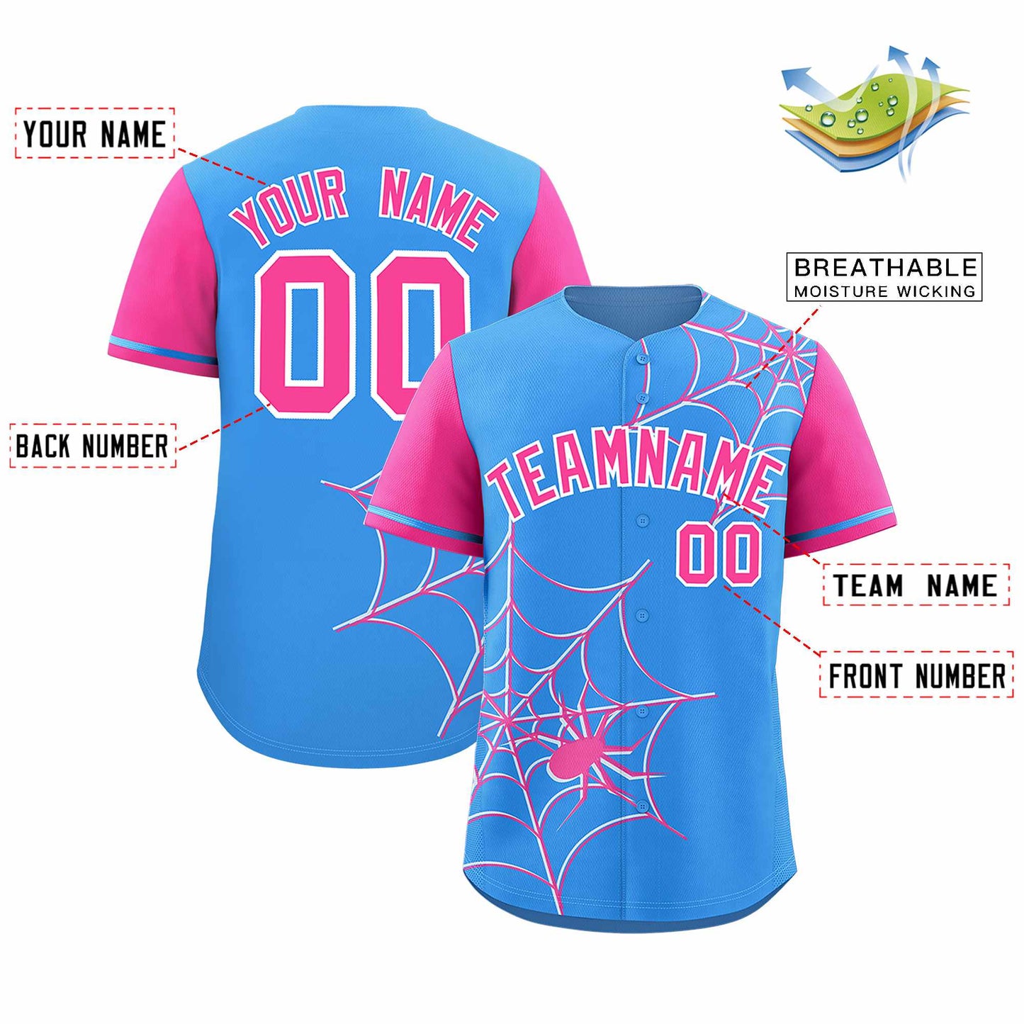 Custom Powder Blue Pink Spider Web Pattern Raglan Sleeves Authentic Baseball Jersey