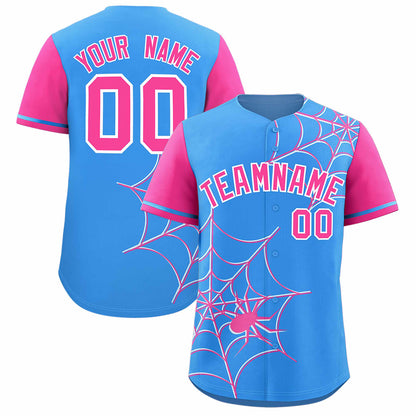 Custom Powder Blue Pink Spider Web Pattern Raglan Sleeves Authentic Baseball Jersey