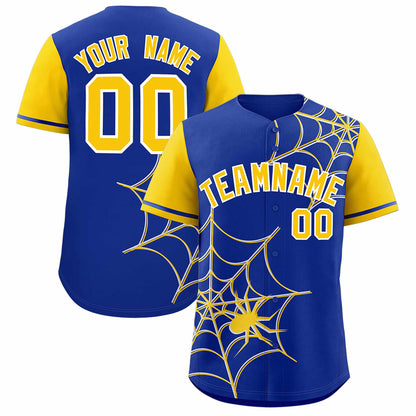 Custom Royal Gold Spider Web Pattern Raglan Sleeves Authentic Baseball Jersey