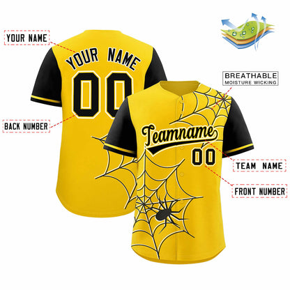 Custom Gold Black Spider Web Pattern Raglan Sleeves Authentic Baseball Jersey