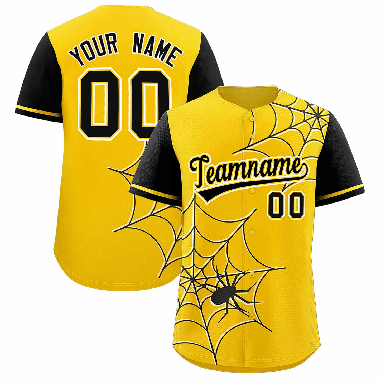 Custom Gold Black Spider Web Pattern Raglan Sleeves Authentic Baseball Jersey