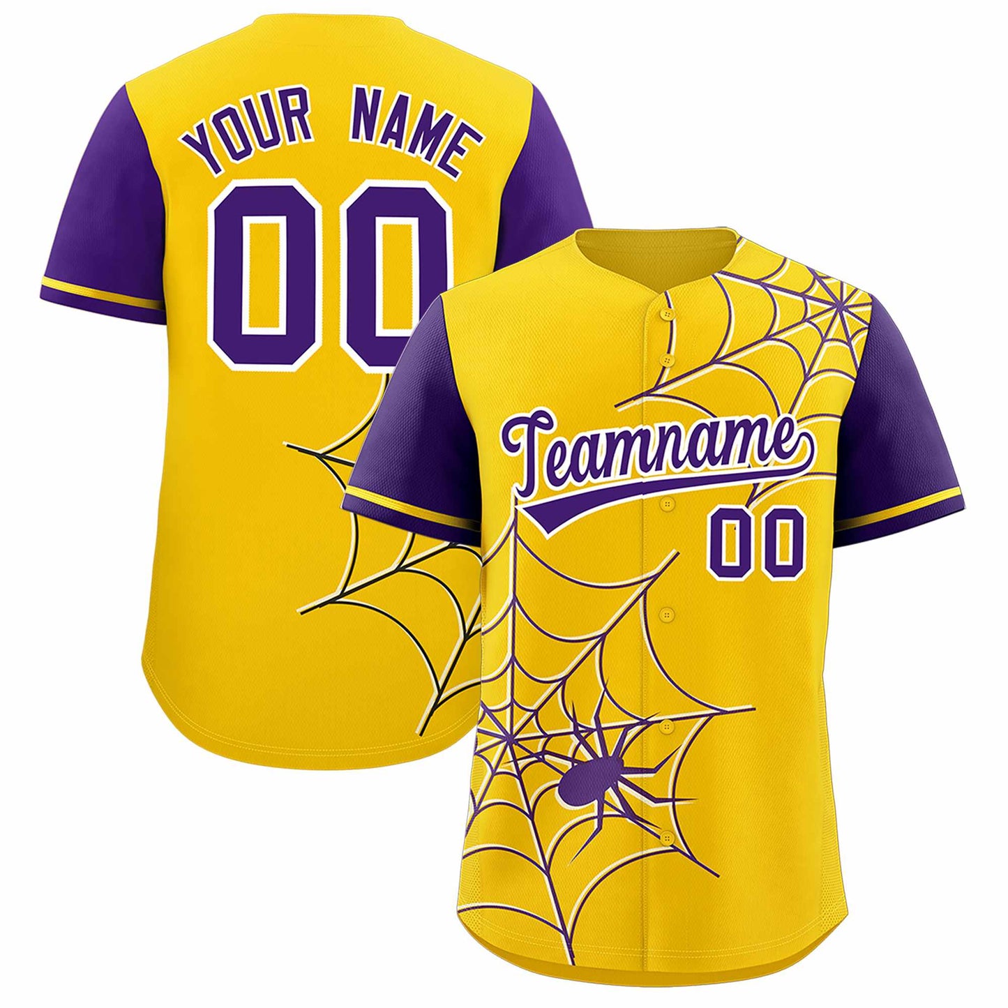 Custom Gold Purple Spider Web Pattern Raglan Sleeves Authentic Baseball Jersey