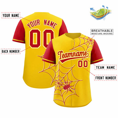 Custom Gold Red Spider Web Pattern Raglan Sleeves Authentic Baseball Jersey