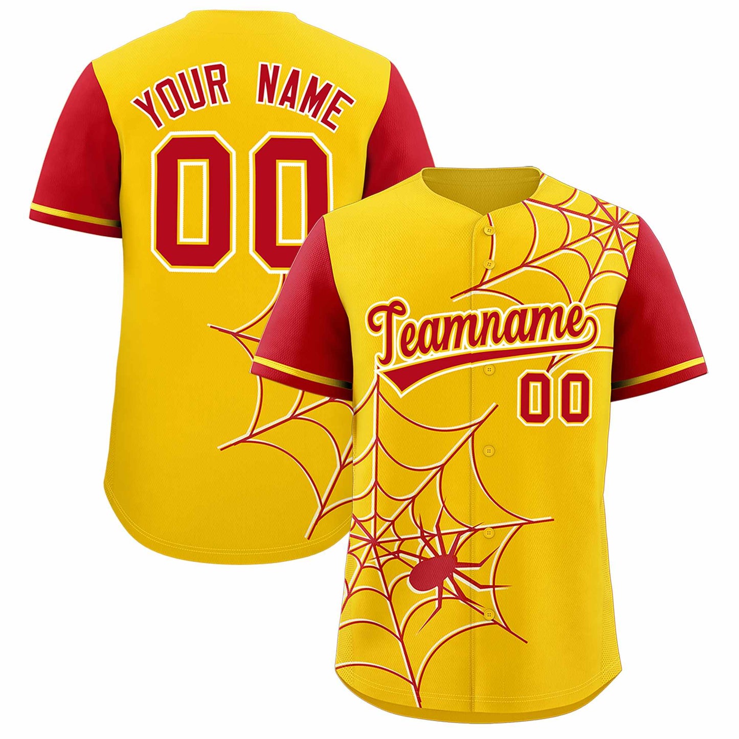 Custom Gold Red Spider Web Pattern Raglan Sleeves Authentic Baseball Jersey