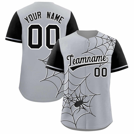 Custom Gray Black Spider Web Pattern Raglan Sleeves Authentic Baseball Jersey