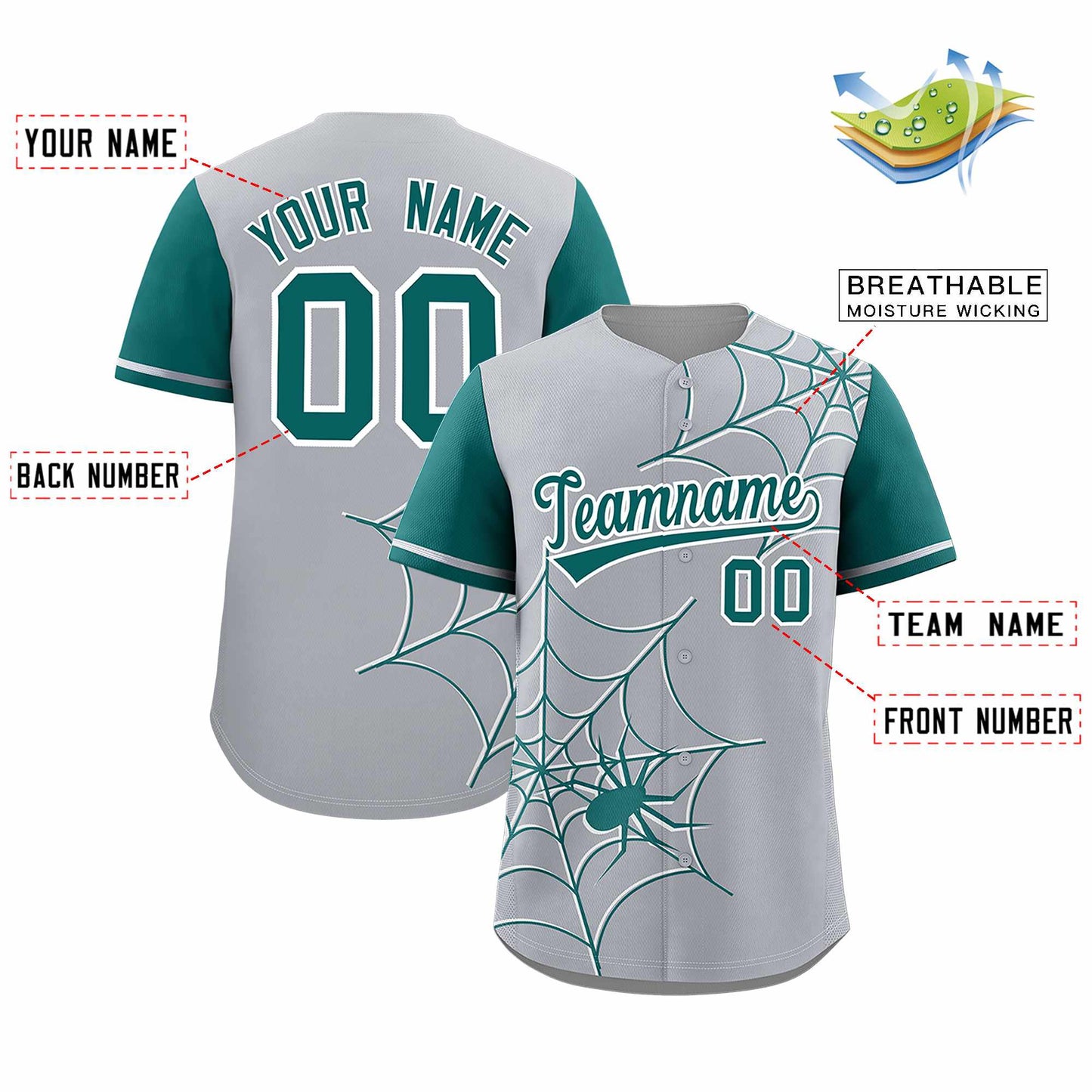 Custom Gray Aqua Spider Web Pattern Raglan Sleeves Authentic Baseball Jersey