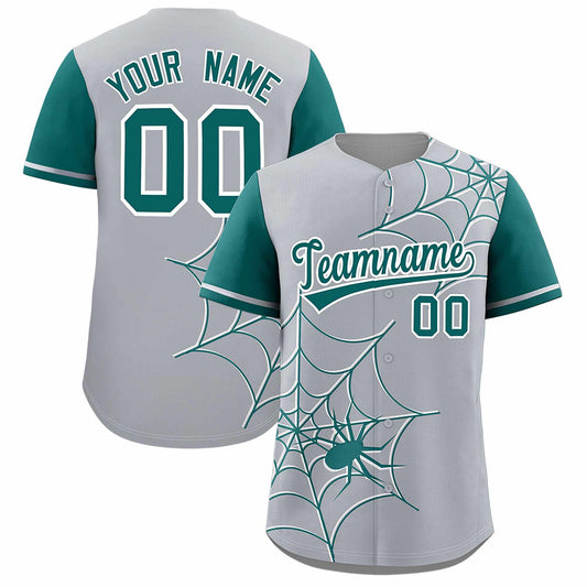 Custom Gray Aqua Spider Web Pattern Raglan Sleeves Authentic Baseball Jersey