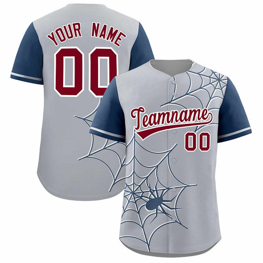 Custom Gray Midnight Blue Spider Web Pattern Raglan Sleeves Authentic Baseball Jersey