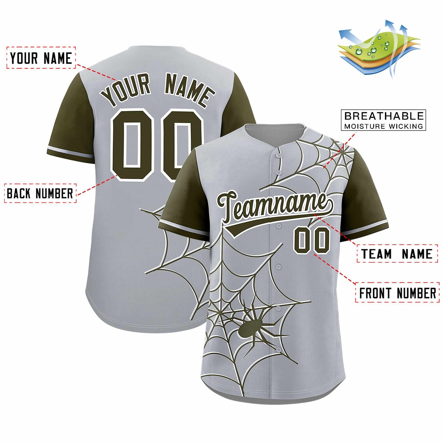 Custom Gray Olive Spider Web Pattern Raglan Sleeves Authentic Baseball Jersey