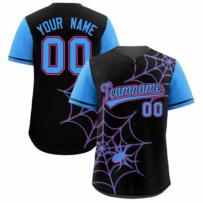 Custom Black Powder Blue Spider Web Pattern Raglan Sleeves Authentic Baseball Jersey