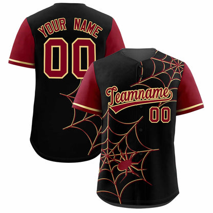 Custom Black Crimson Spider Web Pattern Raglan Sleeves Authentic Baseball Jersey