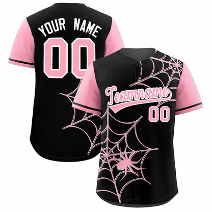 Custom Black Light Pink Spider Web Pattern Raglan Sleeves Authentic Baseball Jersey