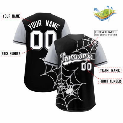 Custom Black Gray Spider Web Pattern Raglan Sleeves Authentic Baseball Jersey