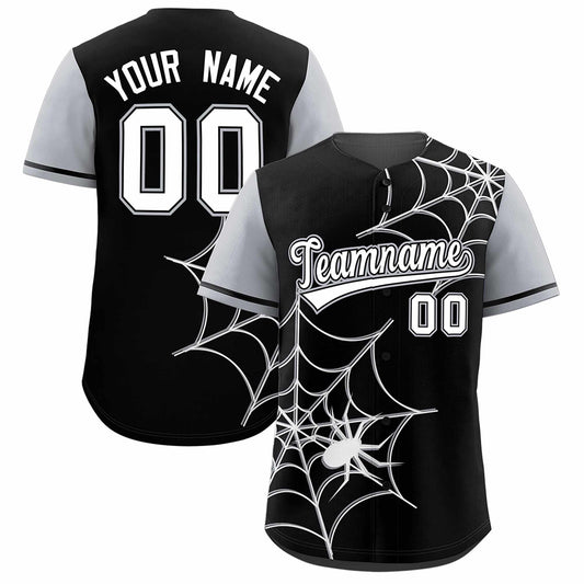 Custom Black Gray Spider Web Pattern Raglan Sleeves Authentic Baseball Jersey