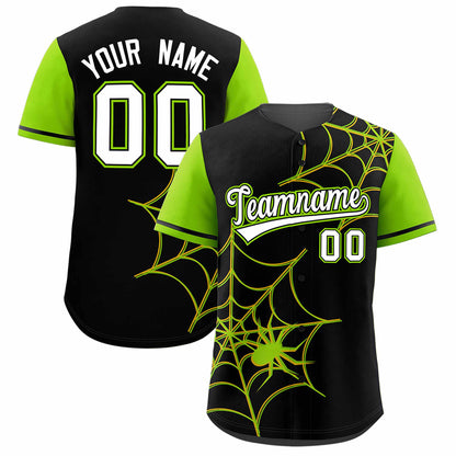 Custom Black Neon Green Spider Web Pattern Raglan Sleeves Authentic Baseball Jersey