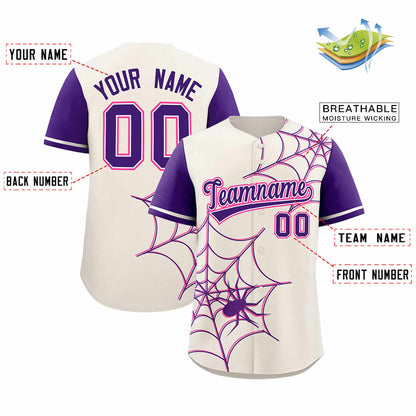 Custom Cream Purple Spider Web Pattern Raglan Sleeves Authentic Baseball Jersey