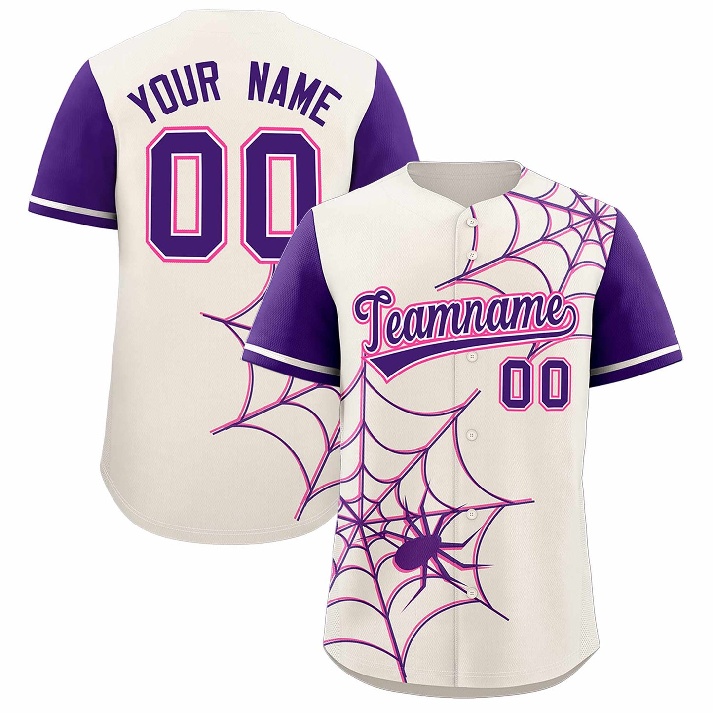 Custom Cream Purple Spider Web Pattern Raglan Sleeves Authentic Baseball Jersey