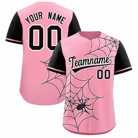 Custom Light Pink Black Spider Web Pattern Raglan Sleeves Authentic Baseball Jersey