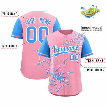 Custom Light Pink Powder Blue Spider Web Pattern Raglan Sleeves Authentic Baseball Jersey