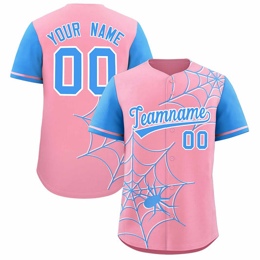 Custom Light Pink Powder Blue Spider Web Pattern Raglan Sleeves Authentic Baseball Jersey