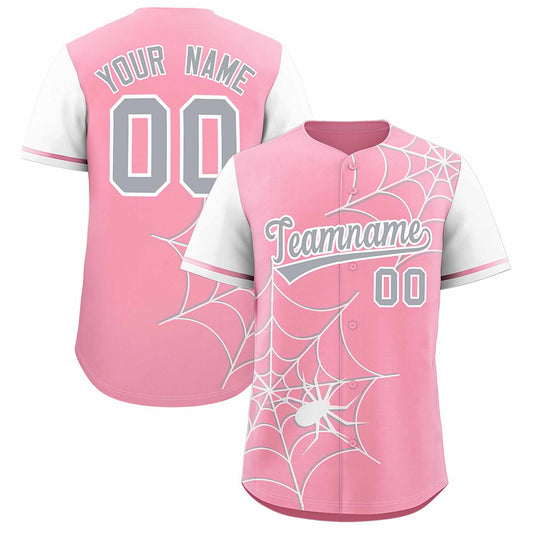 Custom Light Pink White Spider Web Pattern Raglan Sleeves Authentic Baseball Jersey