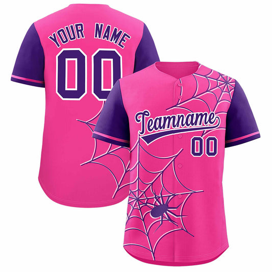 Custom Pink Purple Spider Web Pattern Raglan Sleeves Authentic Baseball Jersey