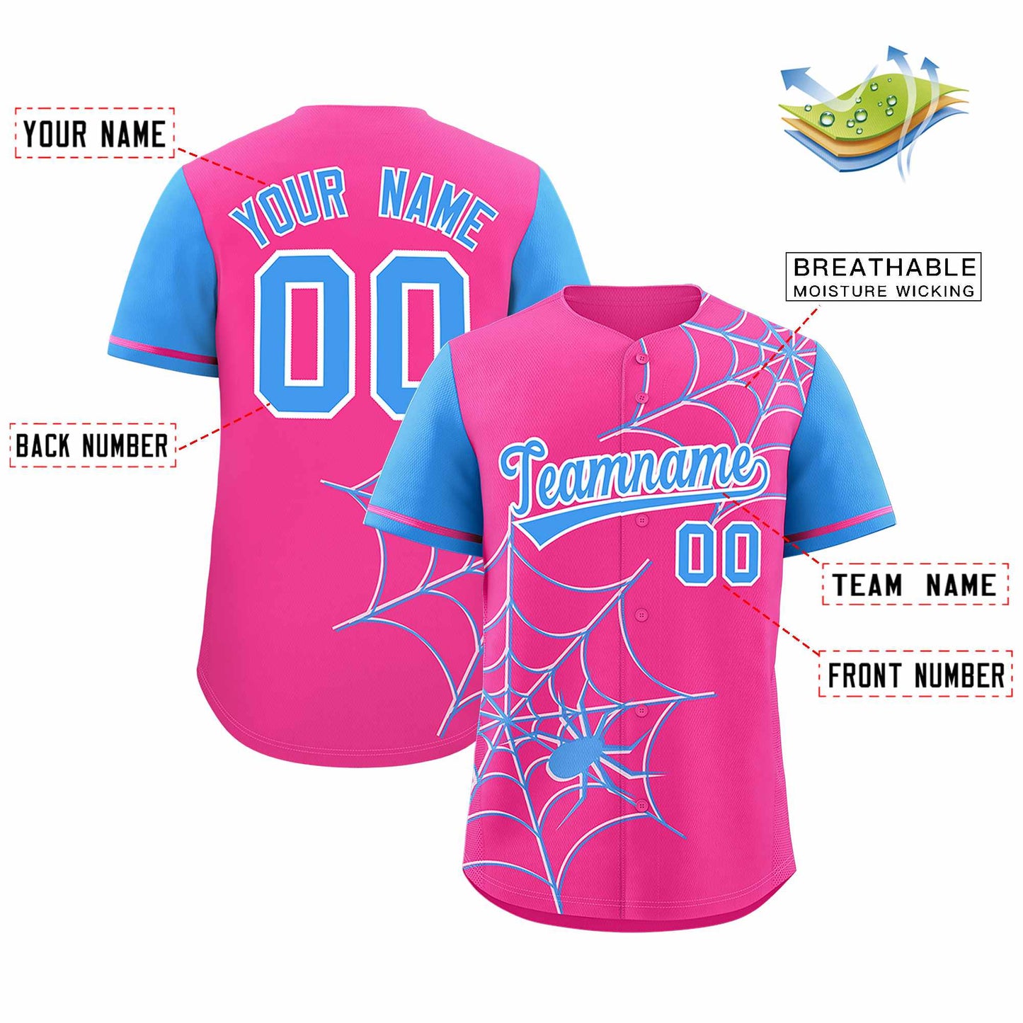 Custom Pink Powder Blue Spider Web Pattern Raglan Sleeves Authentic Baseball Jersey