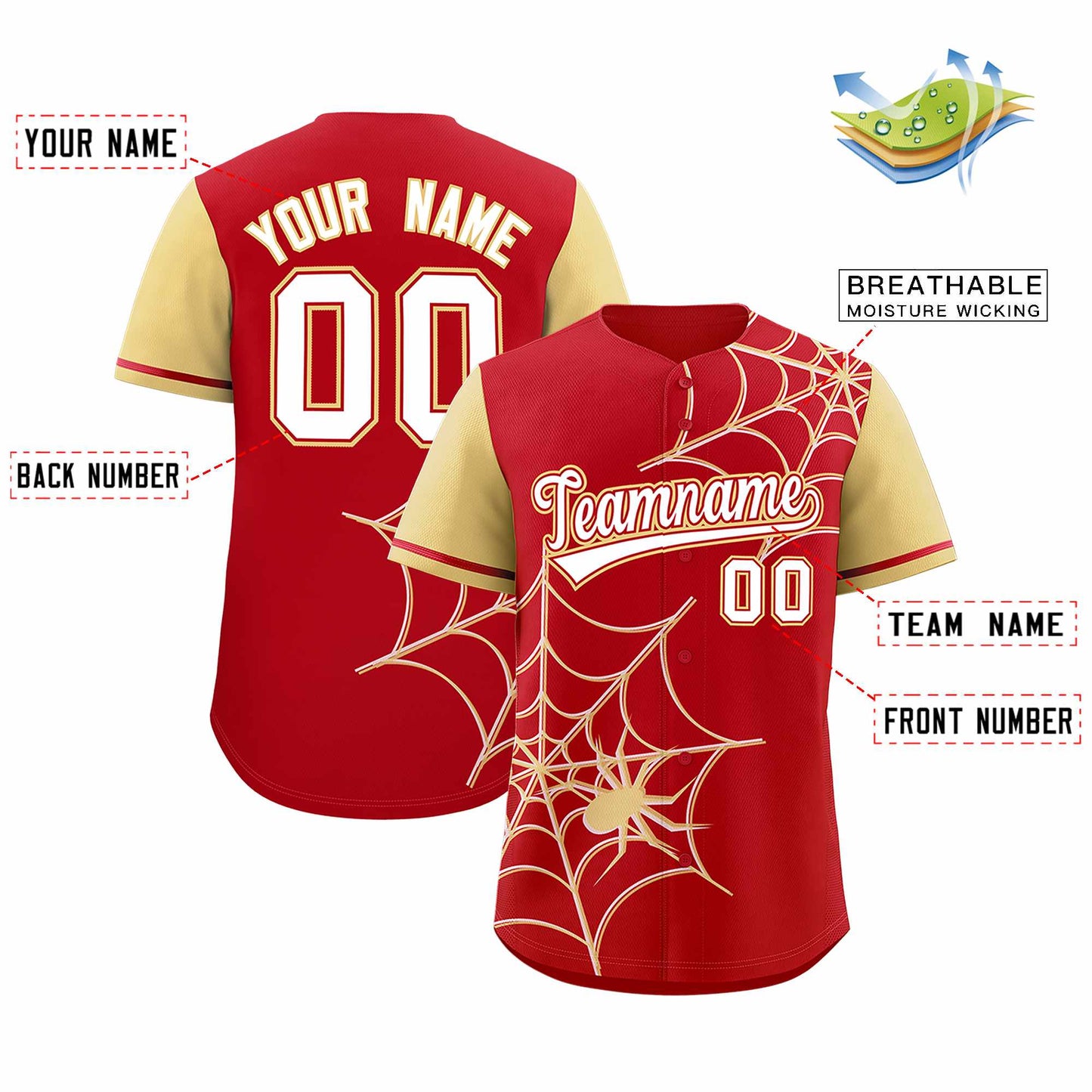 Custom Red Khaki Spider Web Pattern Raglan Sleeves Authentic Baseball Jersey