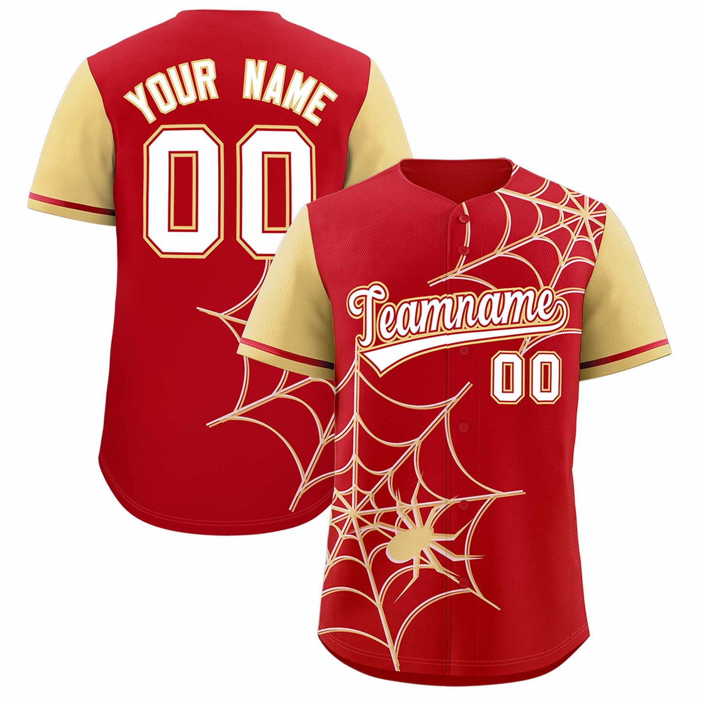 Custom Red Khaki Spider Web Pattern Raglan Sleeves Authentic Baseball Jersey