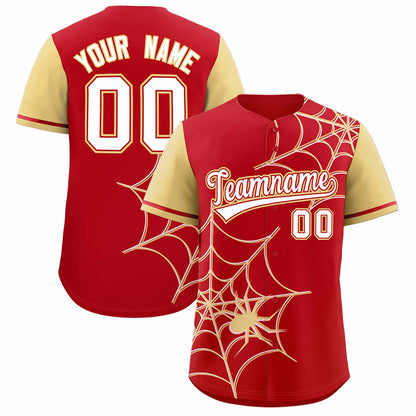 Custom Red Khaki Spider Web Pattern Raglan Sleeves Authentic Baseball Jersey