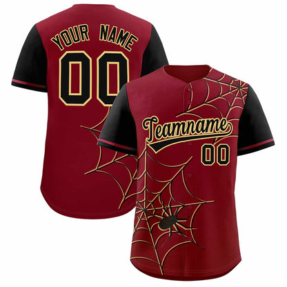 Custom Crimson Black Spider Web Pattern Raglan Sleeves Authentic Baseball Jersey