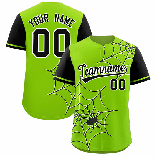 Custom Neon Green Black Spider Web Pattern Raglan Sleeves Authentic Baseball Jersey