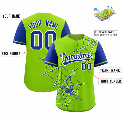 Custom Neon Green Royal Spider Web Pattern Raglan Sleeves Authentic Baseball Jersey