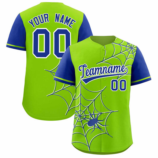 Custom Neon Green Royal Spider Web Pattern Raglan Sleeves Authentic Baseball Jersey