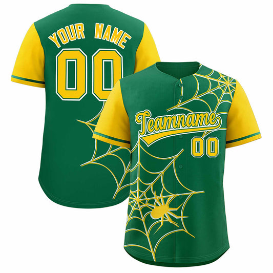 Custom Kelly Green Gold Spider Web Pattern Raglan Sleeves Authentic Baseball Jersey