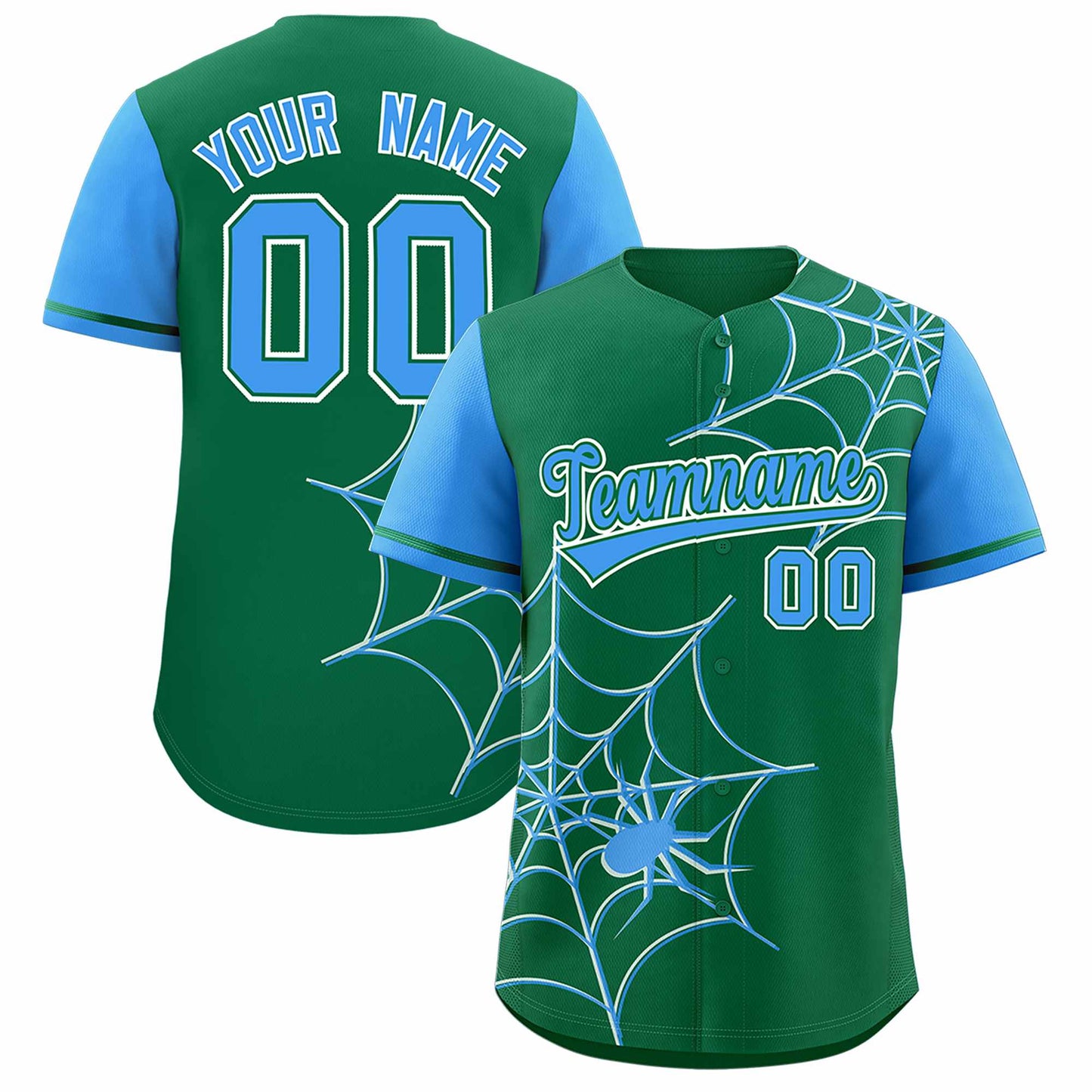 Custom Kelly Green Powder Blue Spider Web Pattern Raglan Sleeves Authentic Baseball Jersey