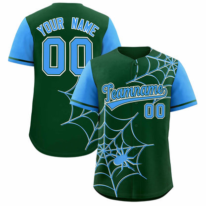 Custom Green Powder Blue Spider Web Pattern Raglan Sleeves Authentic Baseball Jersey