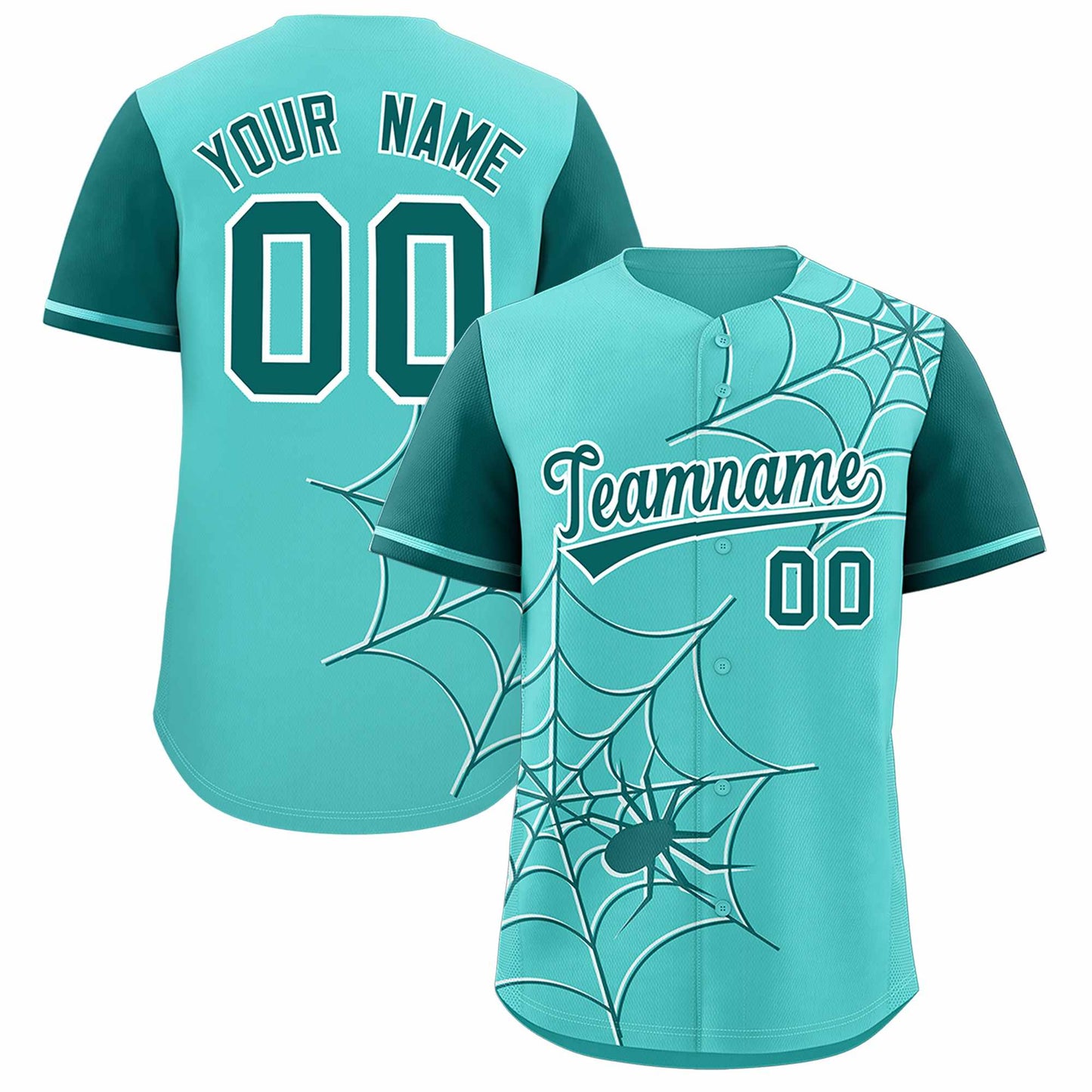 Custom Bright Green Aqua Spider Web Pattern Raglan Sleeves Authentic Baseball Jersey